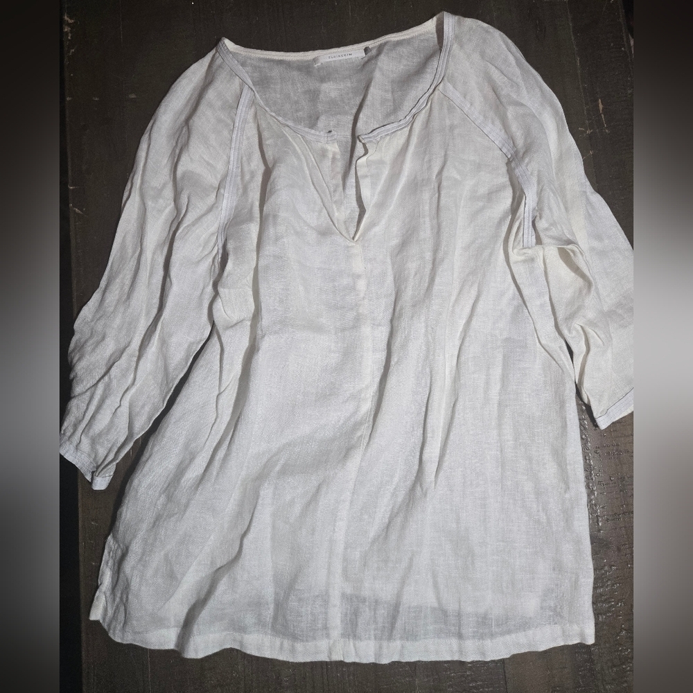 Elaine Kim Large Coastal White 100% Linen Blouse Beach Casual Vacation Classic